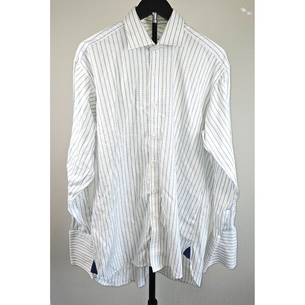 Haines & Bonner Dress Shirt Mens 16 41 White Blue Stripe French Cuff Cotton